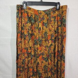 Vintage Susan Bristol Pleated Skirt Fall Leaves Print Rayon Made USA Size 8
